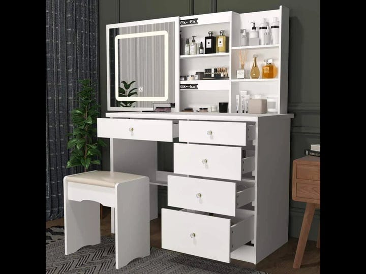 fufugaga-5-drawers-white-wood-led-push-pull-mirror-makeup-vanity-sets-dressing-table-sets-with-stool-1