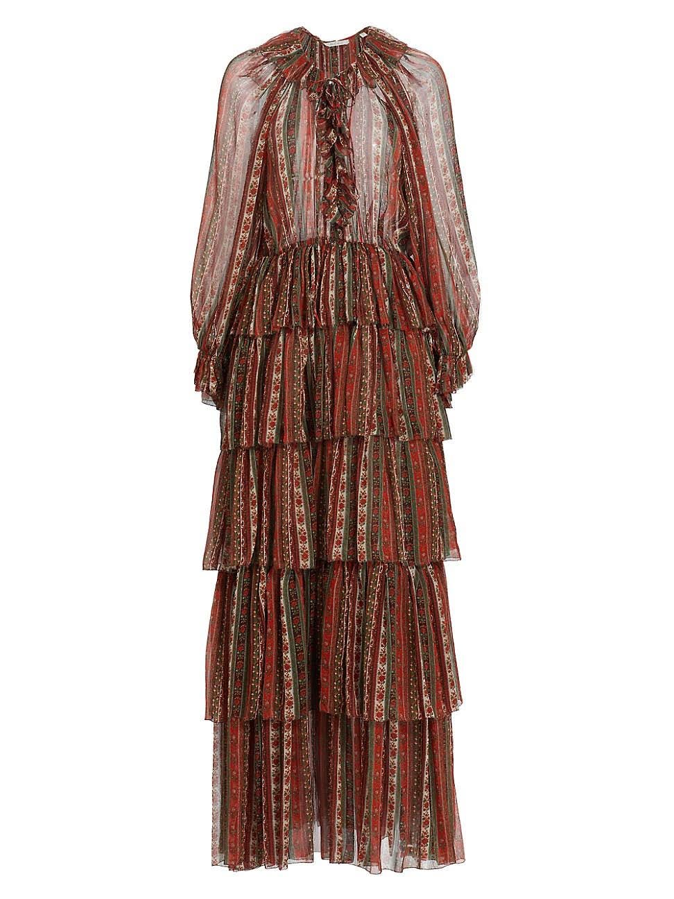 Stylish DÔEN Silk Maxi Dress with Fluttery Tiers and Elongating Effect | Image