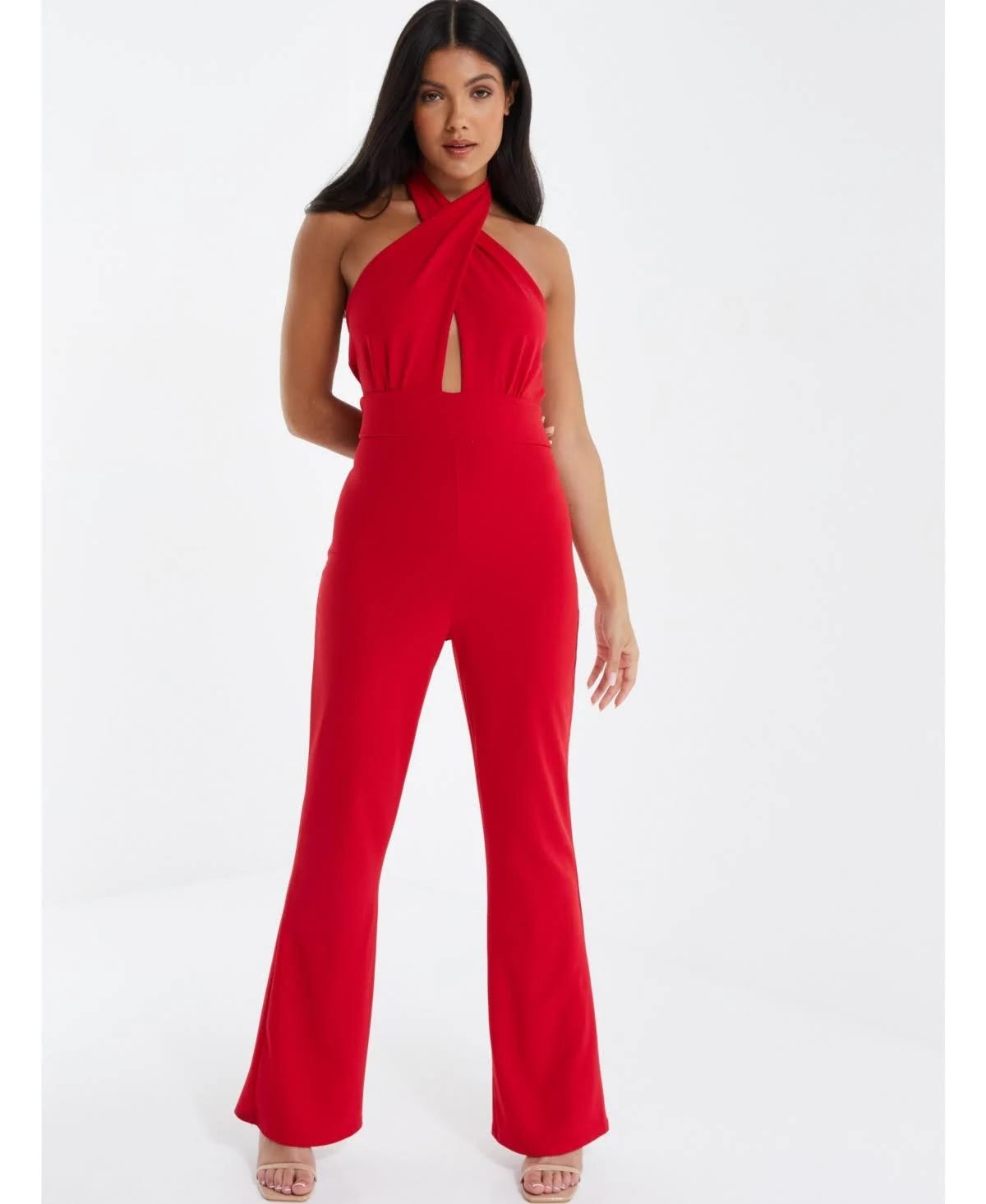 Red Halter Neck Palazzo Jumpsuit by Quiz Clothing | Image