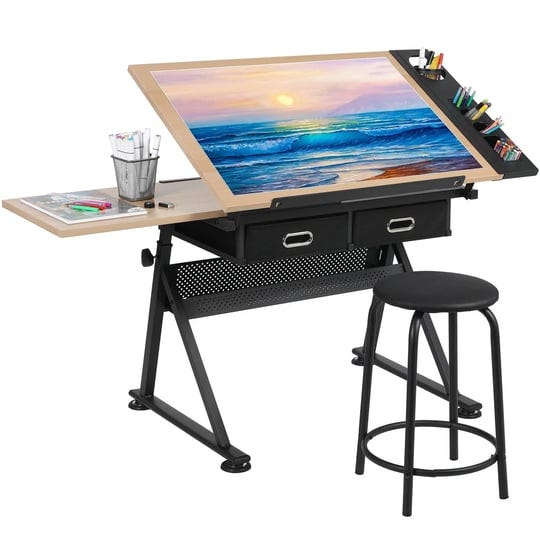 pirecart-drafting-drawing-table-adjustable-tiltable-tabletop-craft-table-with-stool-and-drawers-1