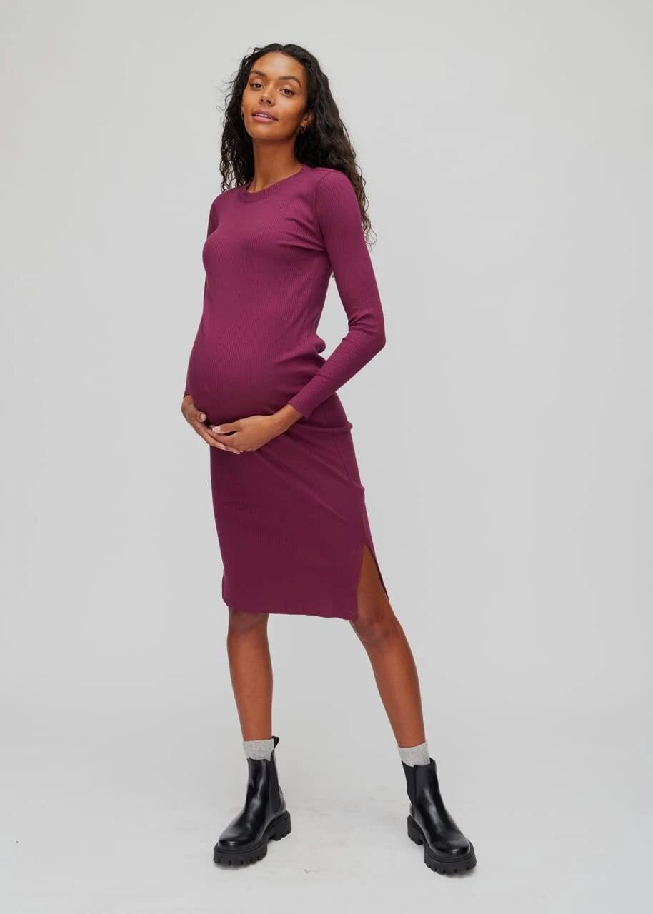 Elegant Maternity Dress with Sleeve - Long Sleeve Ribbed Maternity Dress | Image