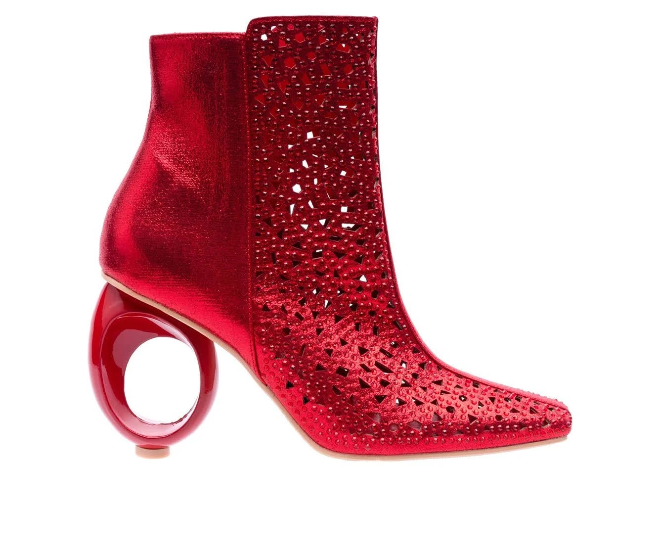 Lady Couture Breeze Heeled Booties: Red Square-Toe Design with Rhinestones and Swirled Heel | Image