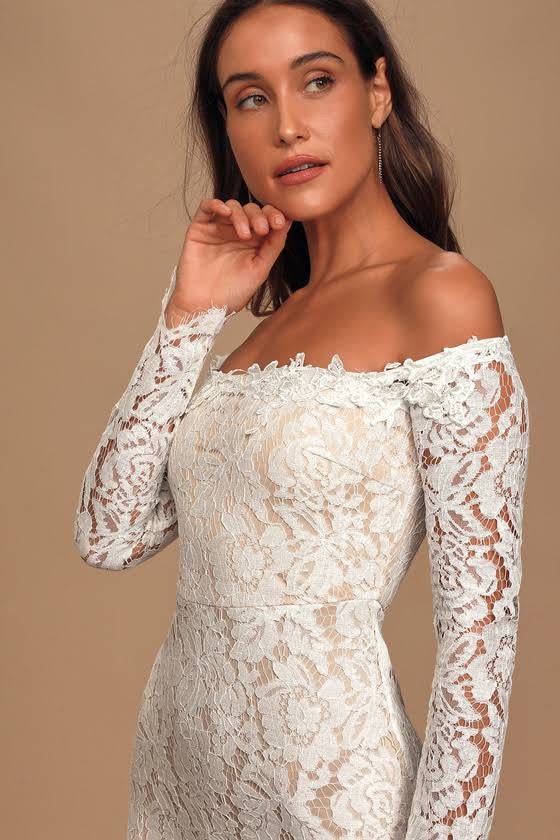 White Lace Off-The-Shoulder Maxi Dress by Lulus for a Romantic Evening | Image