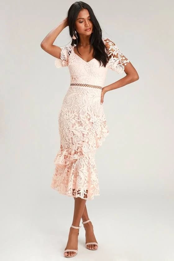 Enchanting Blush Pink Lace Midi Dress with Sweetheart Neckline and Short Sleeves | Image