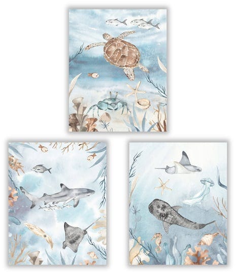 ocean-animals-sea-life-nursery-wall-decor-unframed-set-of-3-8x10-inch-kids-bathroom-decor-watercolor-1