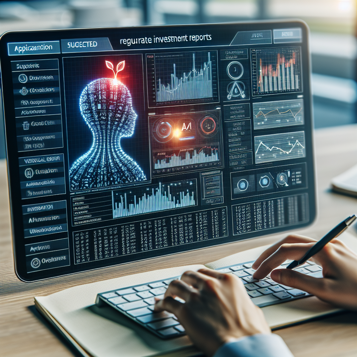 A computer screen displaying an AI-powered investment report software with charts, graphs, and numerical data.