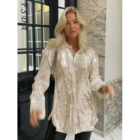 Sexy Sequined Long Sleeve V-neck Blouse for Retro Style | Image