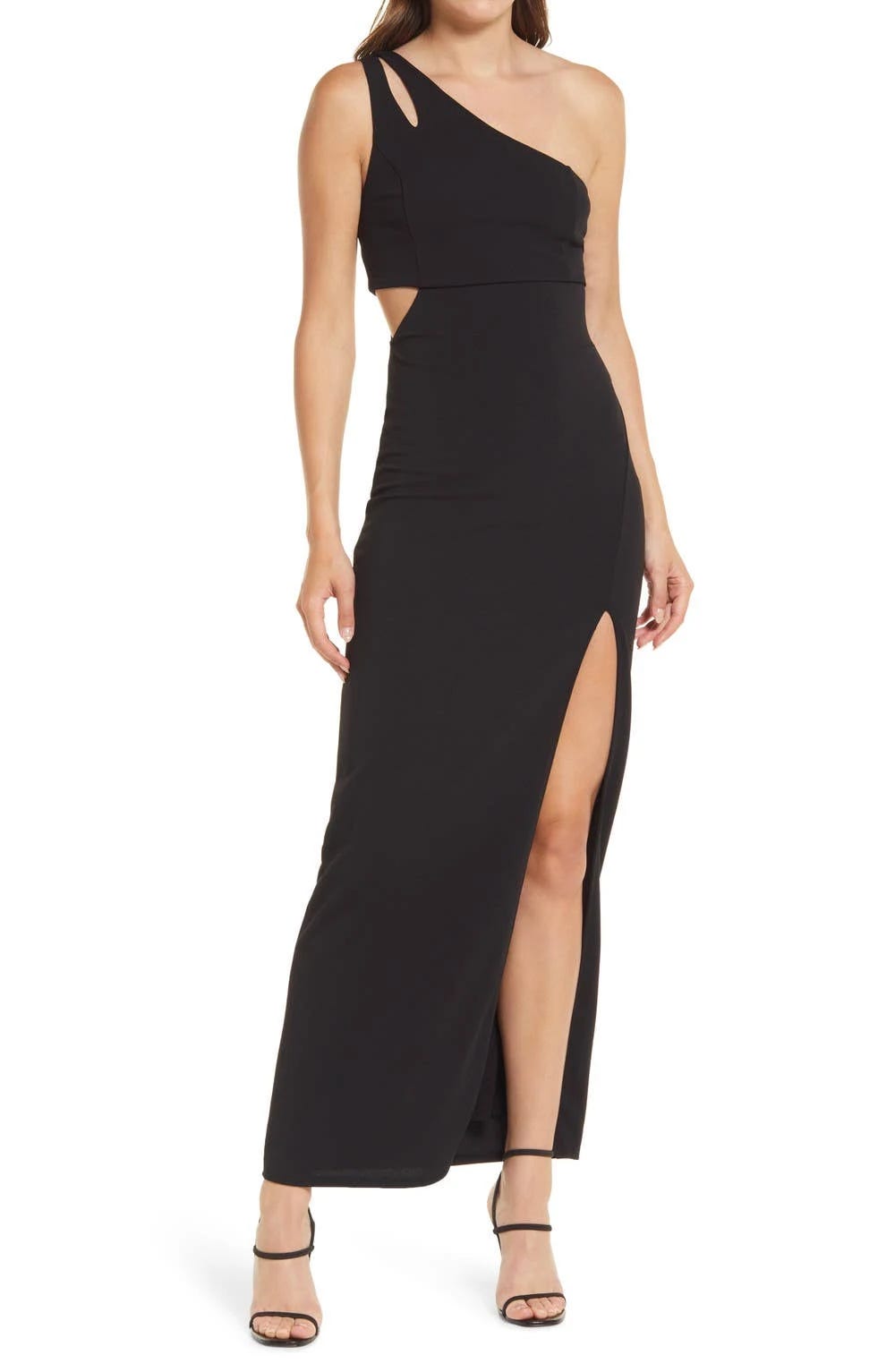 Black One-Shoulder Column Gown with Side Lace Slit - Lulus | Image