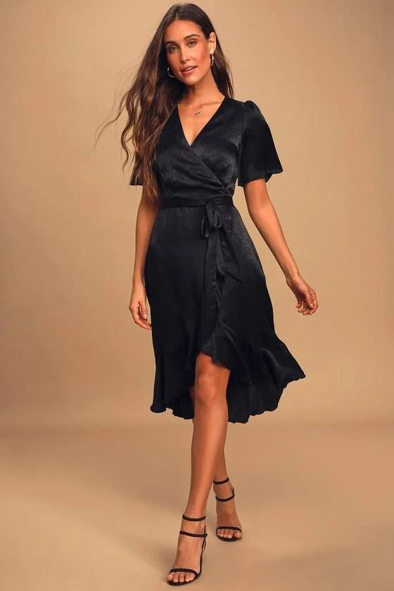 Stylish Black Satin Faux-Wrap Midi Dress for a Chic Look | Image