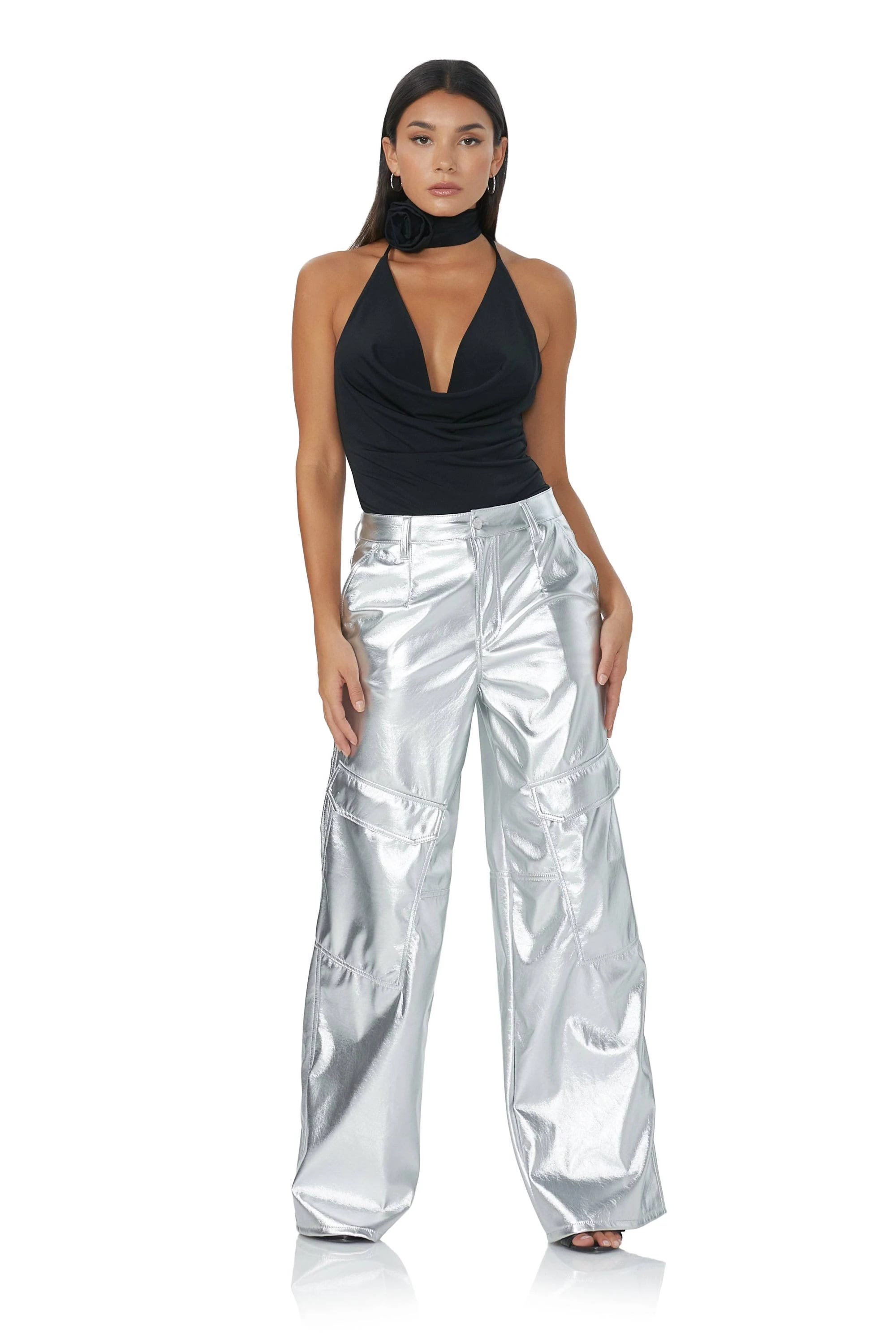 Silver Metallic Cargo Pant with Relaxed Fit | Image