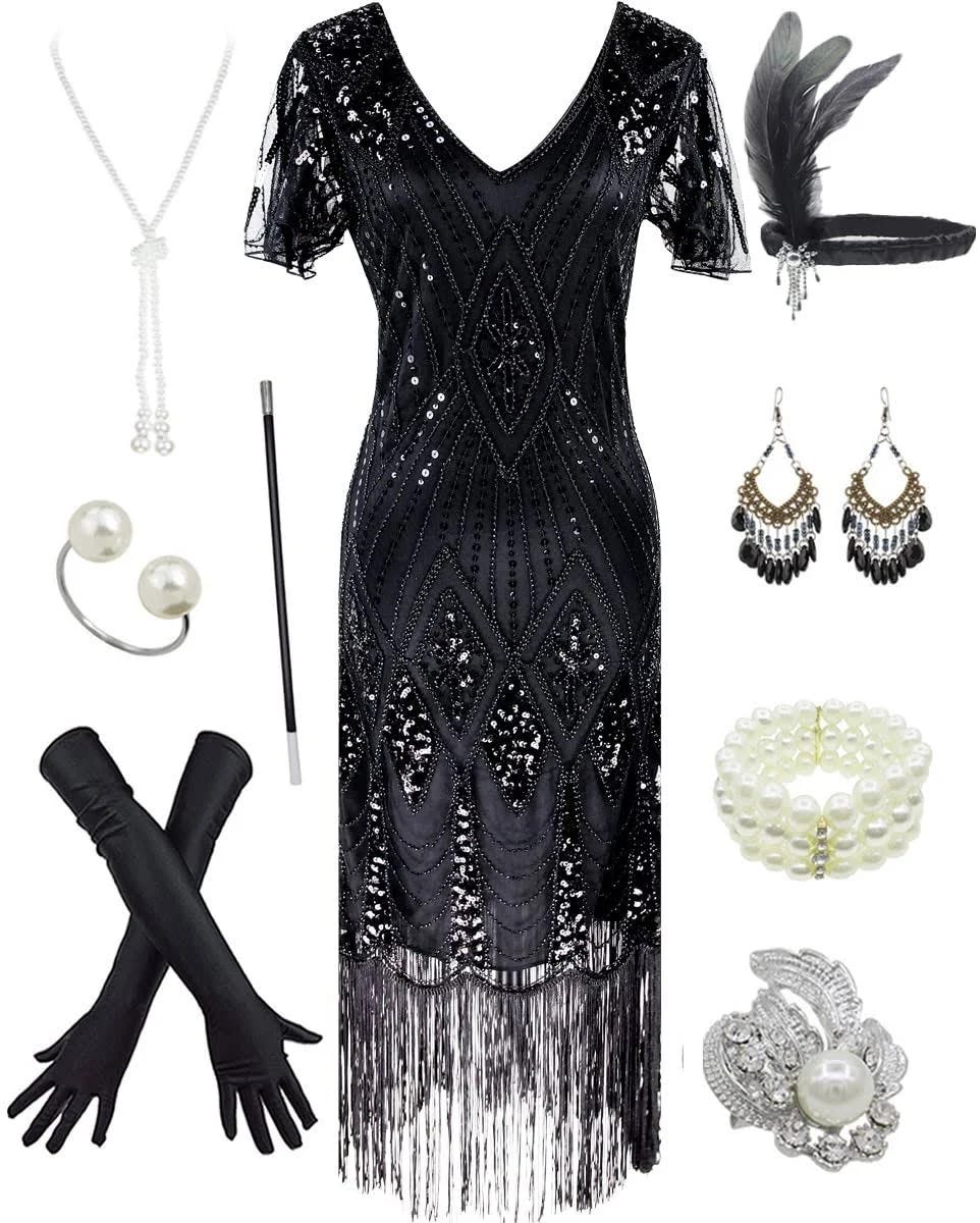 Luxurious Gatsby-Inspired Flapper Dress with Fringe and Pearl Details for a Roaring 20s Look | Image