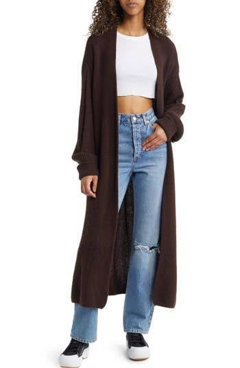 Cozy Chocolate Open-Front Maxi Cardigan for Women - 48