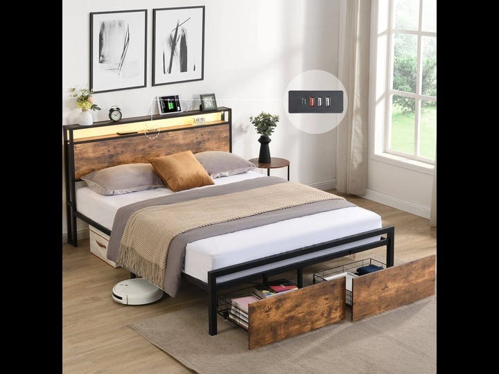 queen-size-bed-frame-with-storage-headboard-and-2-drawers-led-lights-bed-with-charging-station-metal-1