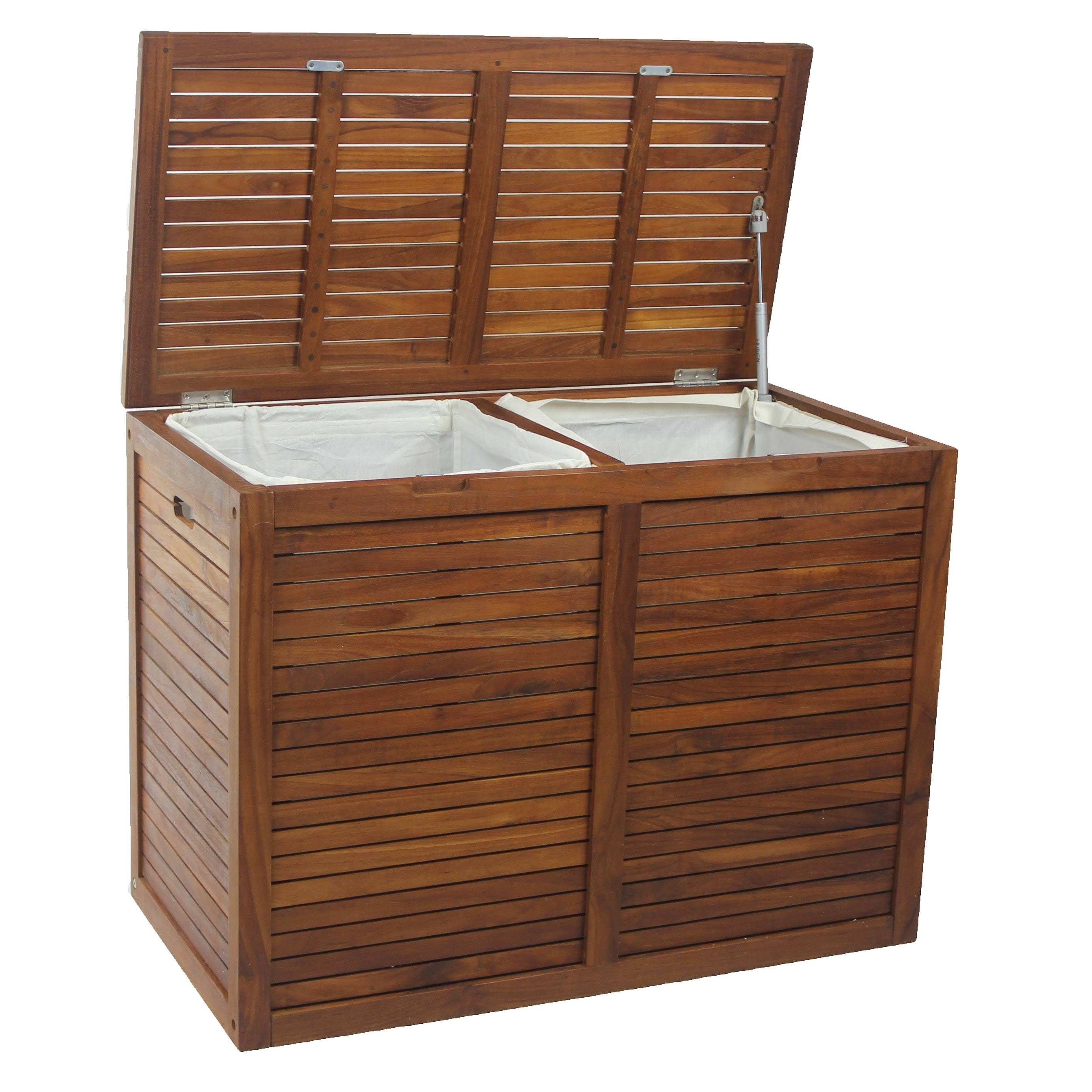 Double Laundry Hamper with Sustainable Teak Construction and Bench Feature | Image