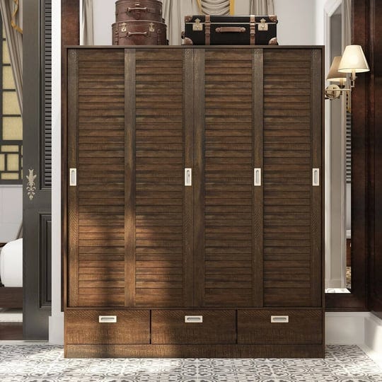 brown-wardrobe-armoire-with-drawers-hanging-rod-4-sliding-doors-1