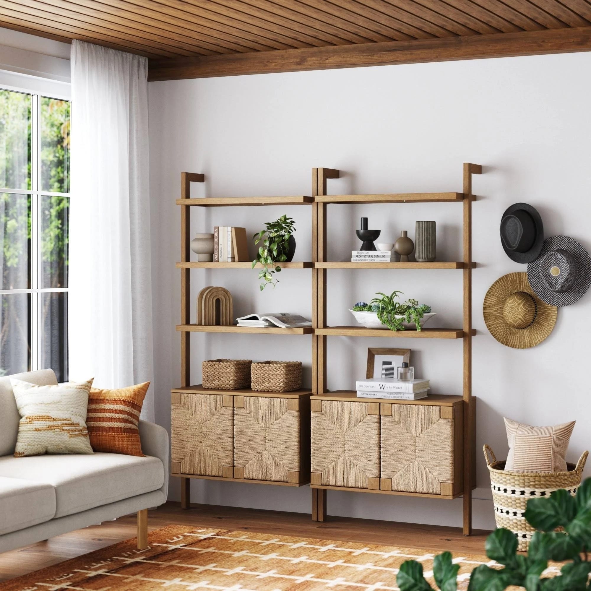 Boho Seagrass & Wood Open Shelf Bookshelf Set (2-Piece) | Image