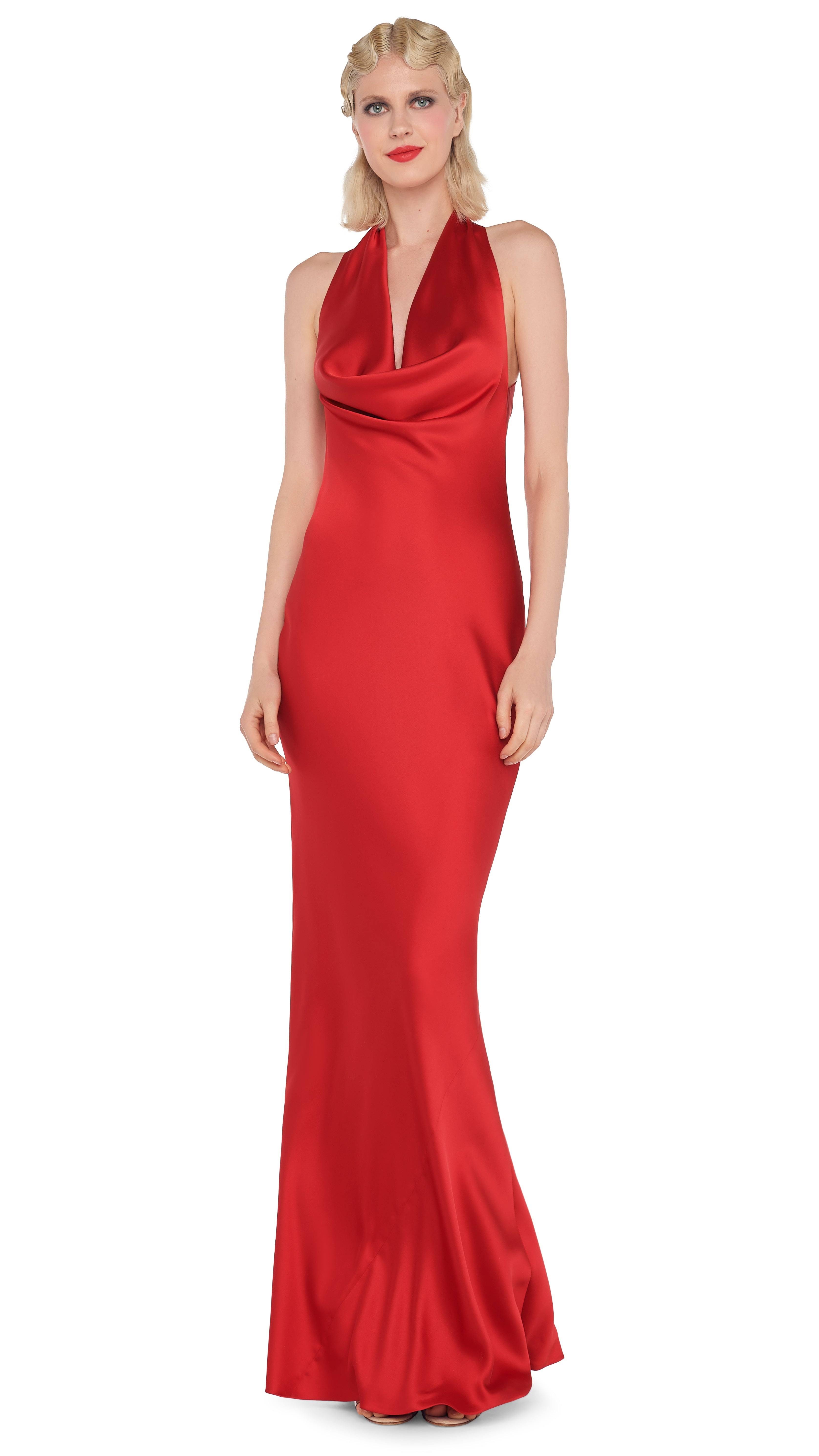 Tiger Red Satin Cowl-Neck Gown by Norma Kamali | Image
