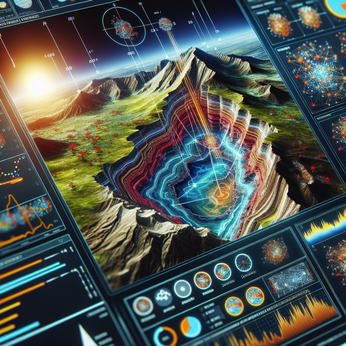 A computer screen displaying geological data and AI algorithms in vivid colors and realistic detail.