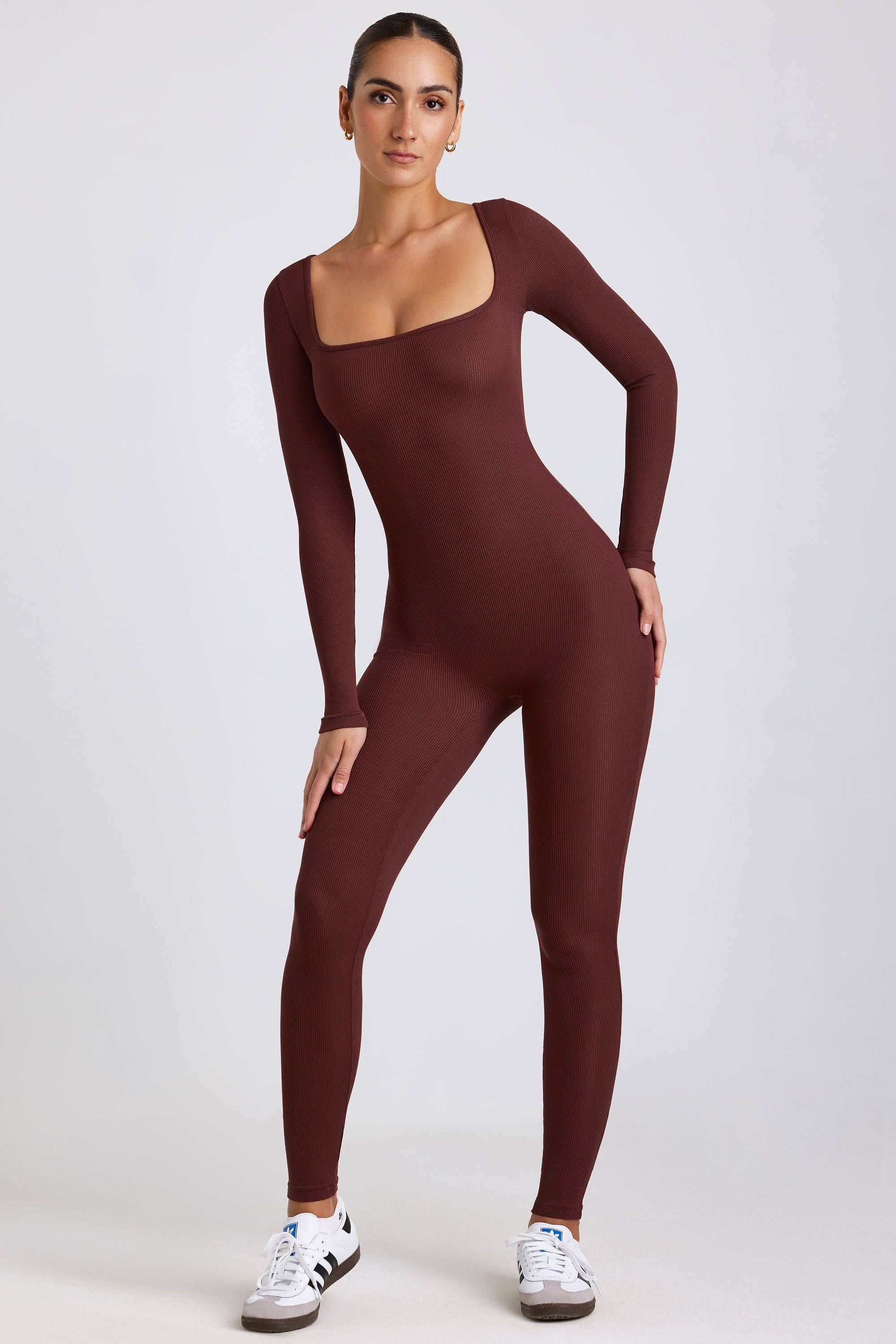 Elegant Ribbed Modal Long Sleeve Jumpsuit in Espresso, Limited Edition | Image