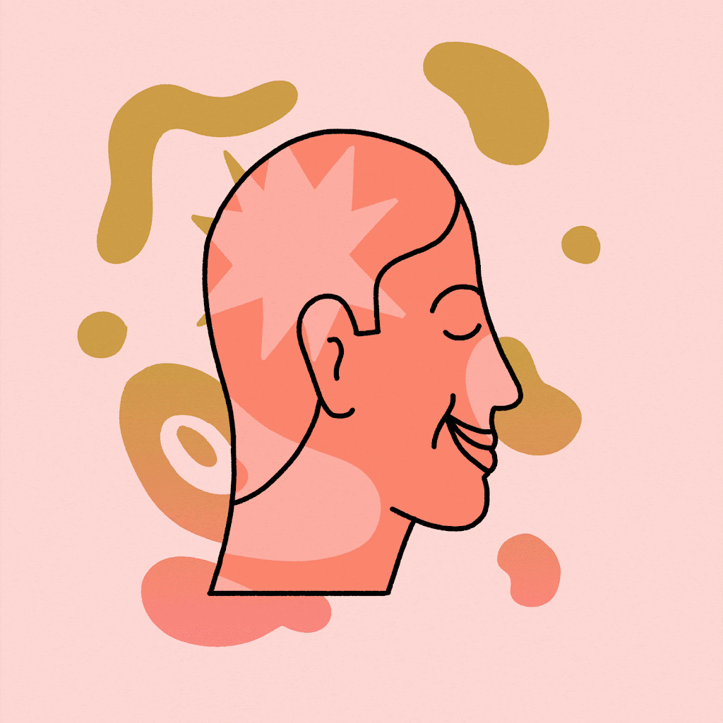 Pink animated drawing of profile of smiling face with colourful squiggles around it