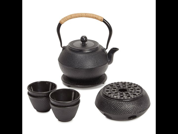 cast-iron-tea-kettle-for-stovetop-japanese-tea-set-with-warmer-trivet-infuser-and-4-teacups-hobnail--1