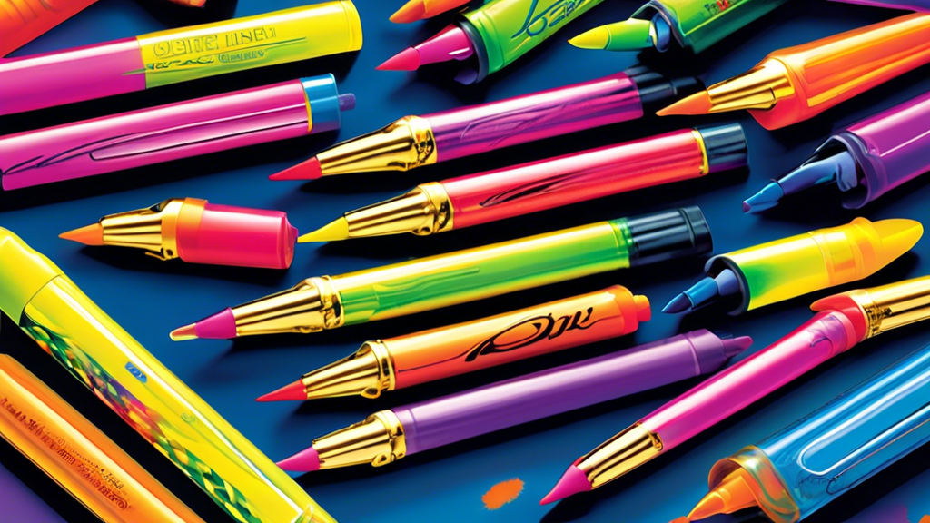 Create an image of a colorful array of BIC Brite Liner highlighters placed on a desk, with bright highlights shining on them to showcase their vibrant and eye-catching colors.
