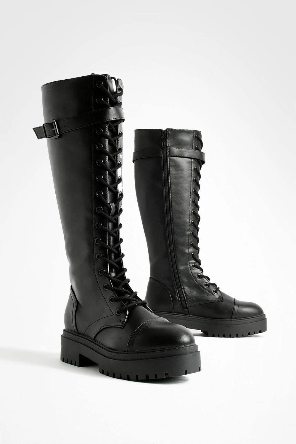 boohoo Black Side Buckle Knee High Boots | Image