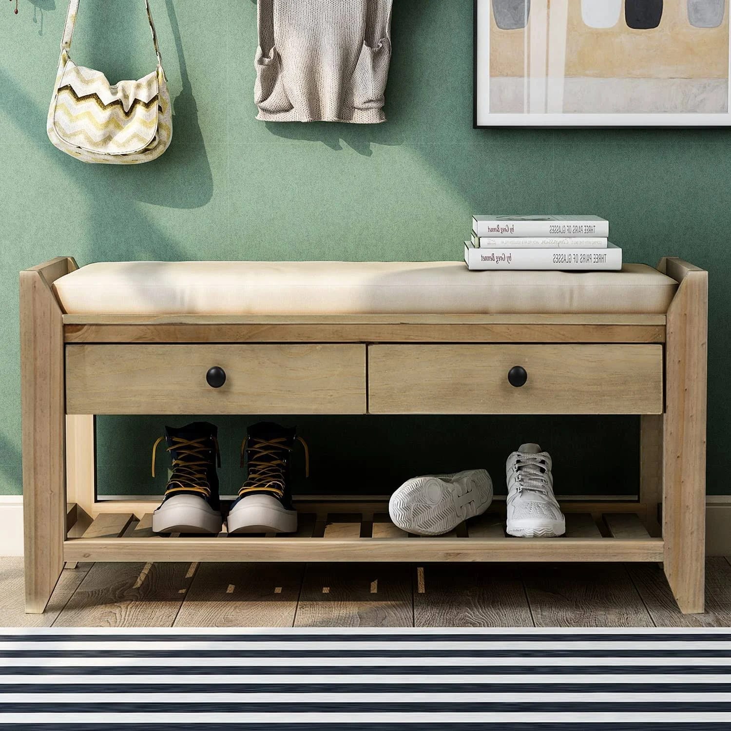 Pine Storage Bench with 2 Drawers and Seat Cushion for Living Room or Bedroom | Image