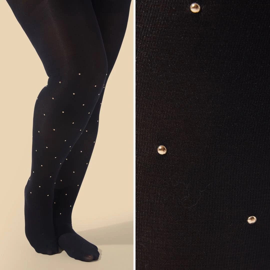 Stylish Black Opaque Tights with Gold Bead Accents - Plus Size | Image