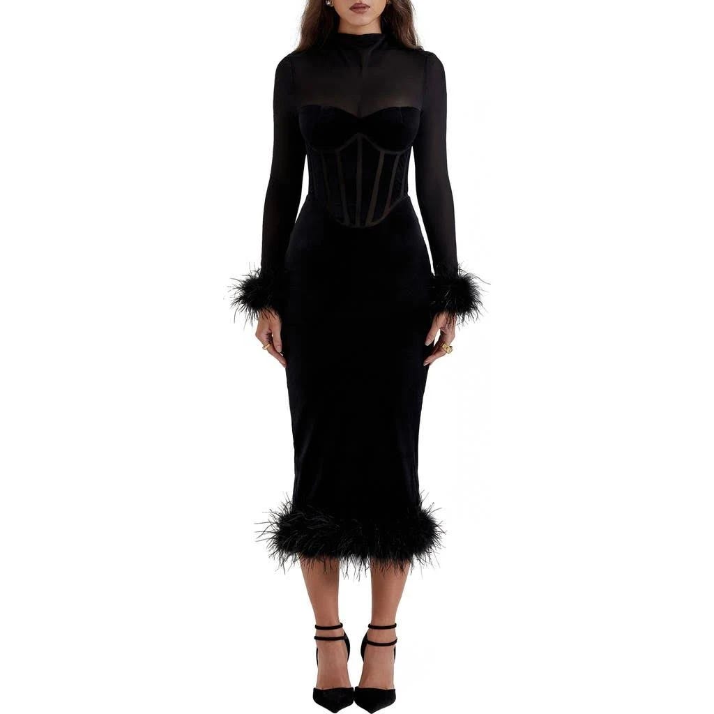 Wispy Feather-Trimmed Black Stretch Velvet Corset Dress | Image
