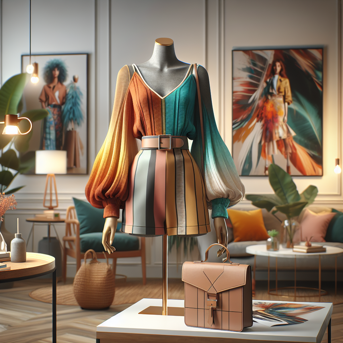 A mannequin wearing a stylish outfit with a perfectly balanced color palette and fashionable accessories in a well-lit and stylish environment.