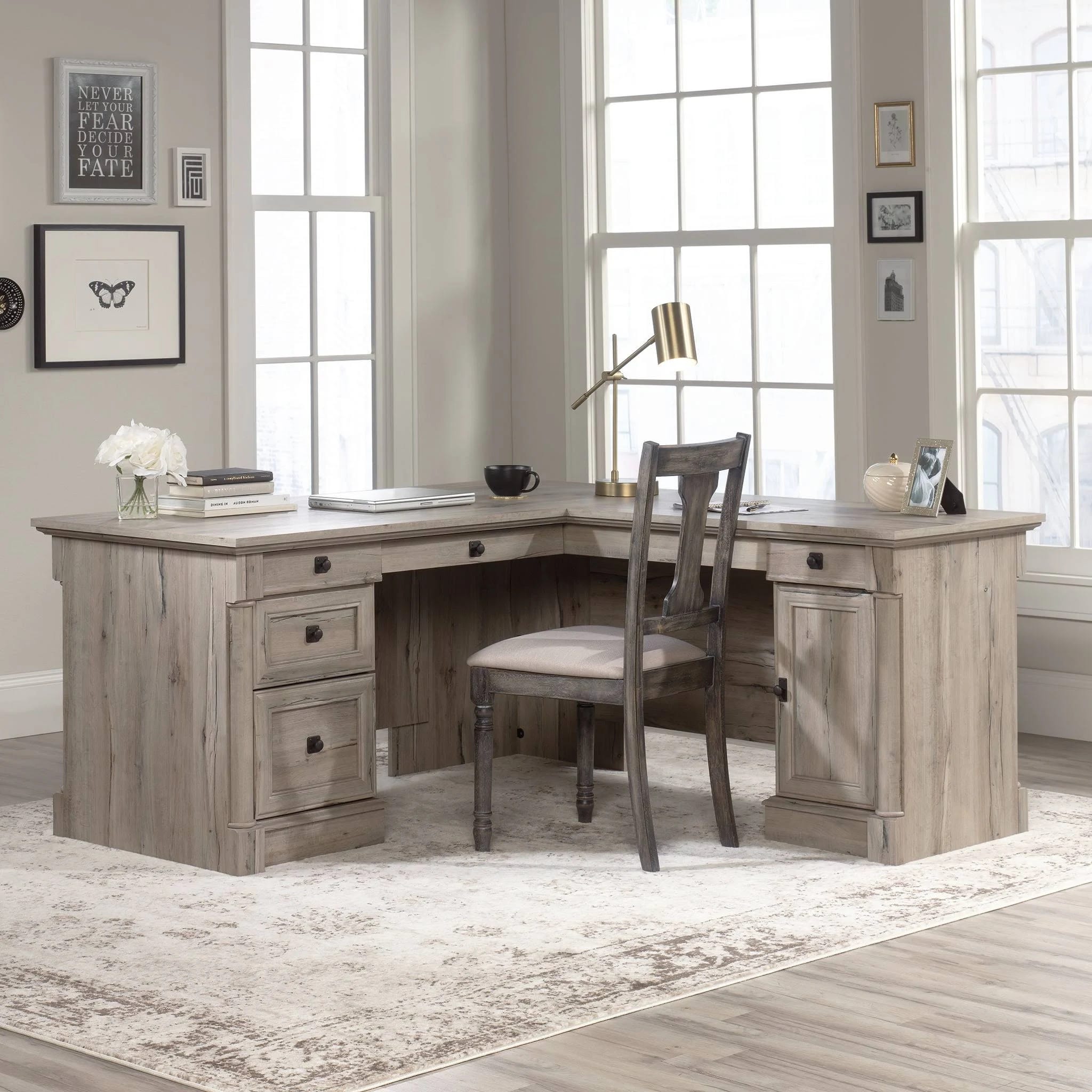 Traditional Split Oak L-Shaped Desk with Storage and Cable Management | Image