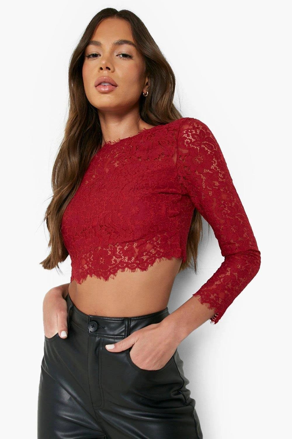 Red Women's Crop Top with Lace Detailing | Image