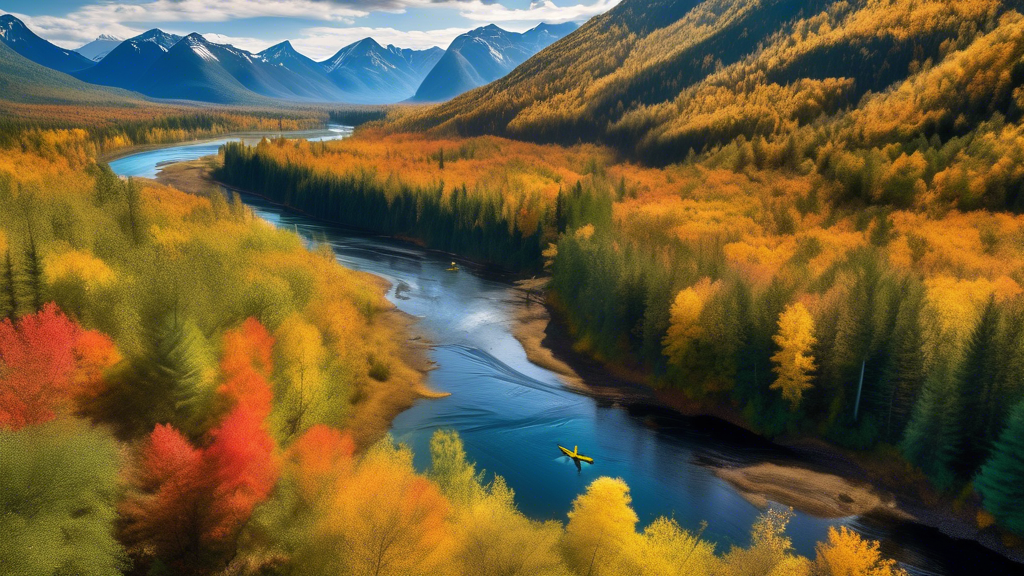 A breathtaking aerial view of Eagle River meandering through lush green forests and majestic mountains during autumn, with vibrant fall foliage reflected in the clear blue water. Outdoor enthusiasts in kayaks and on hiking trails can be seen, along with wildlife such as bald eagles soaring above and deer grazing by the riverbank, capturing the natural beauty and tranquility of the scene.