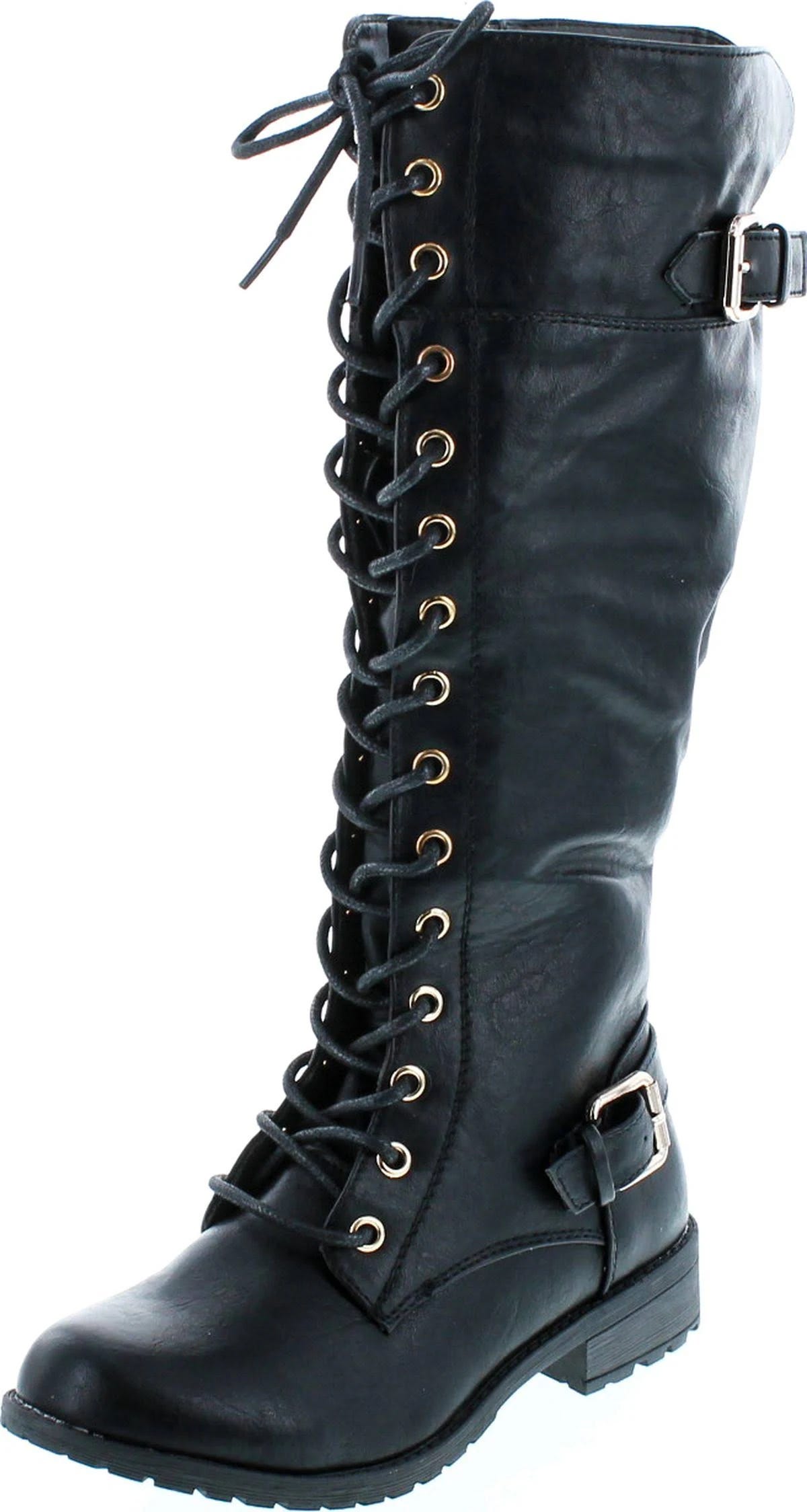 Stylish Women's Knee-High Combat Boots with Padded Footbed and Buckle Detail | Image
