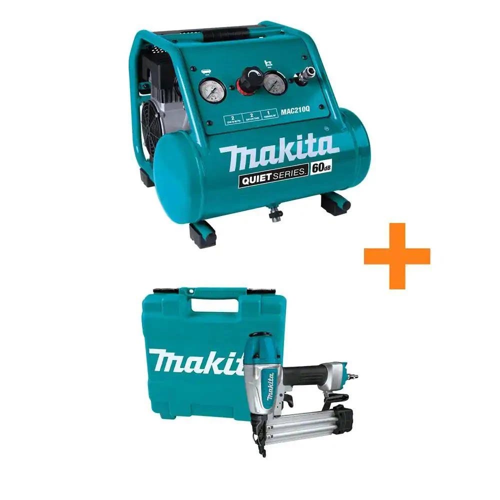 Makita 2-Gallon Quiet Series 1 HP Electric Oil-Free Air Compressor & Bonus Nailer Kit | Image