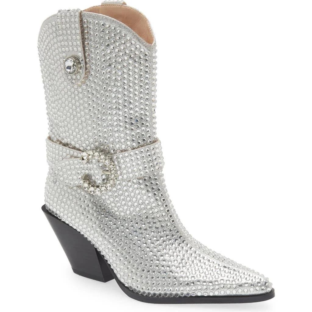 Shimmery Silver Crystal Embellished Cowboy Booties | Image
