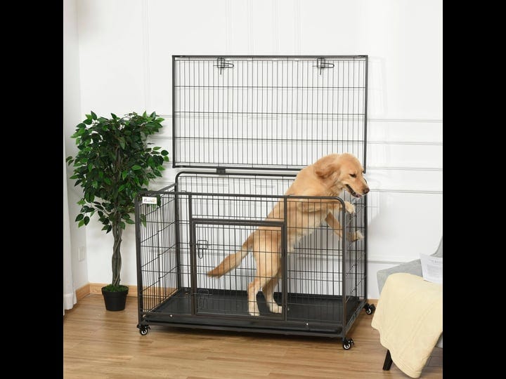 pawhut-heavy-duty-folding-design-metal-dog-crate-kennel-with-removable-tray-4-locking-wheels-49-25-l-1