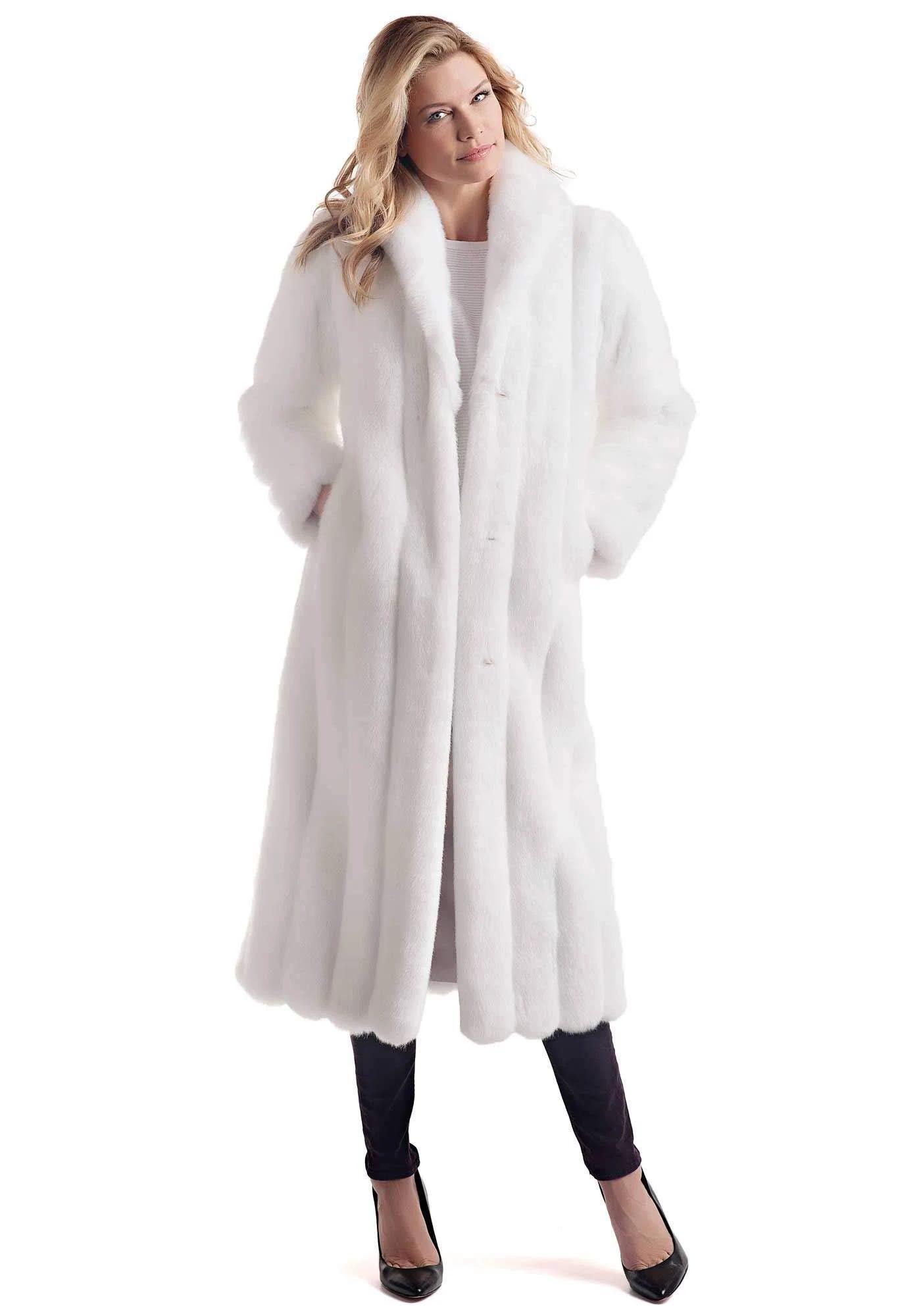 Stylish White Mink Faux Fur Coat with Shawl Collar and Acrylic Lining | Image