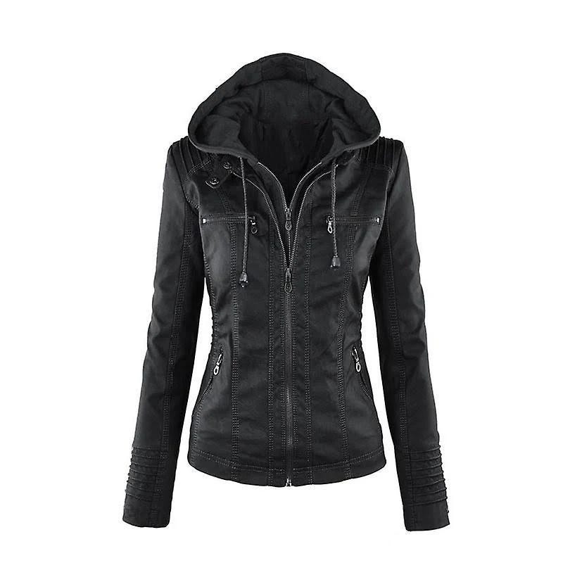 Ladies' Removable Hooded Faux Leather Moto Jacket | Image