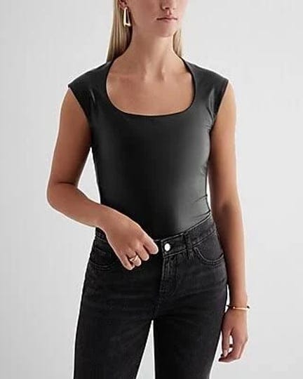 express-bodycon-faux-leather-scoop-neck-cap-sleeve-bodysuit-black-womens-xl-1