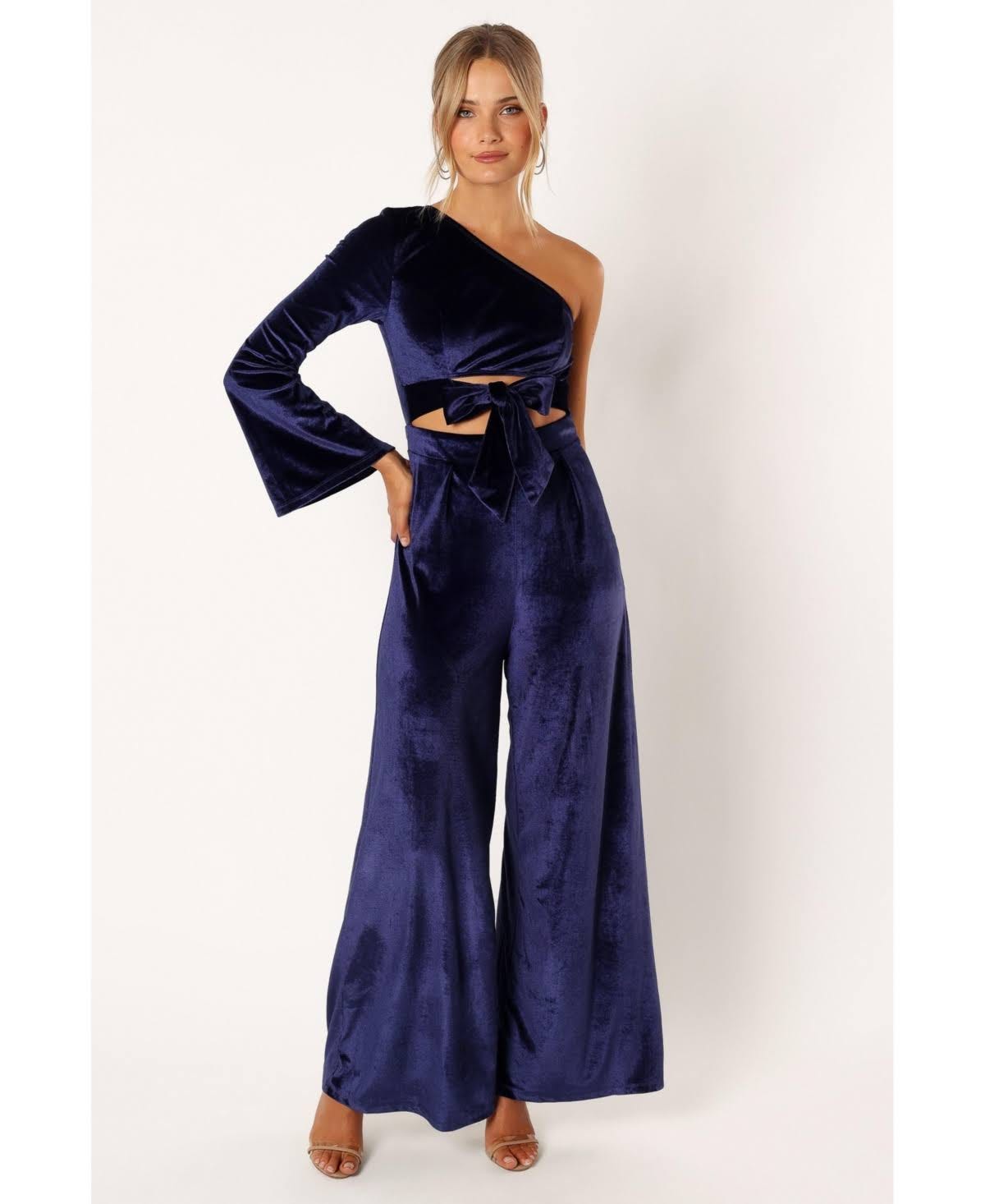 Midweight Velvet Jumpsuit with Chic Asymmetrical Neckline | Image