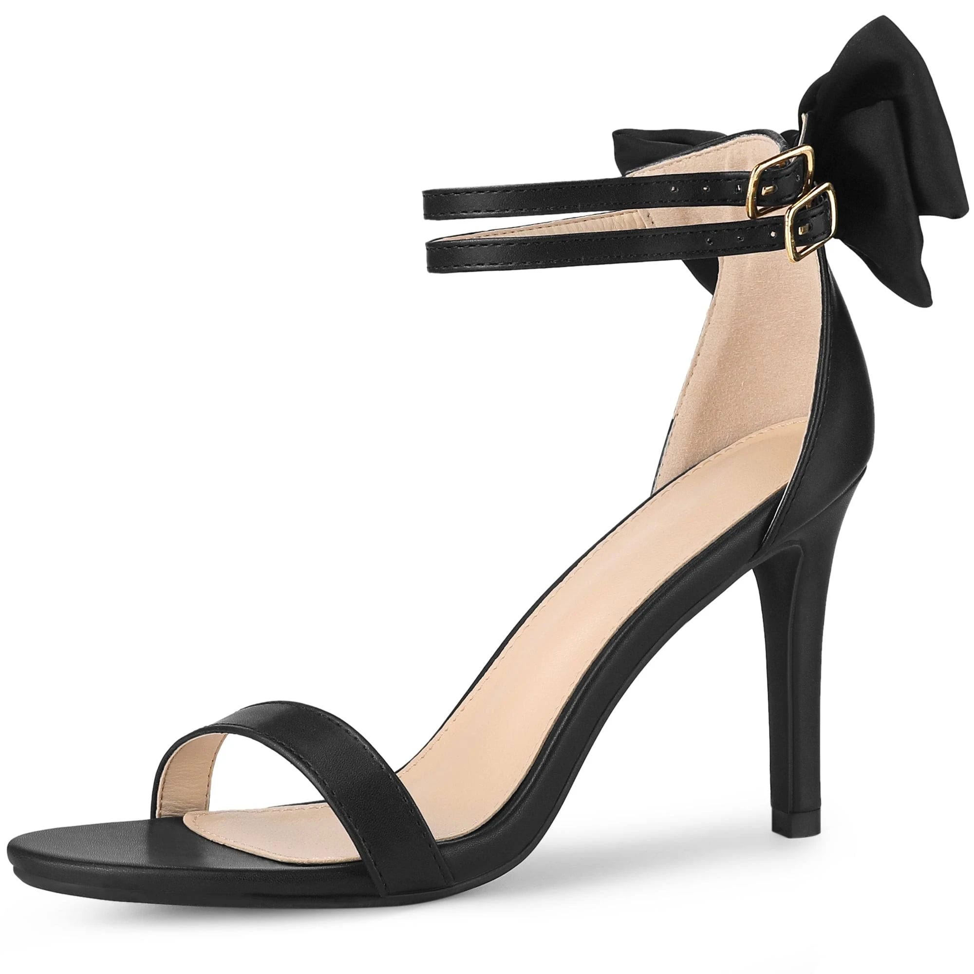Elegant Bow Back Black Heel Sandals with Faux Leather Vamp | Image