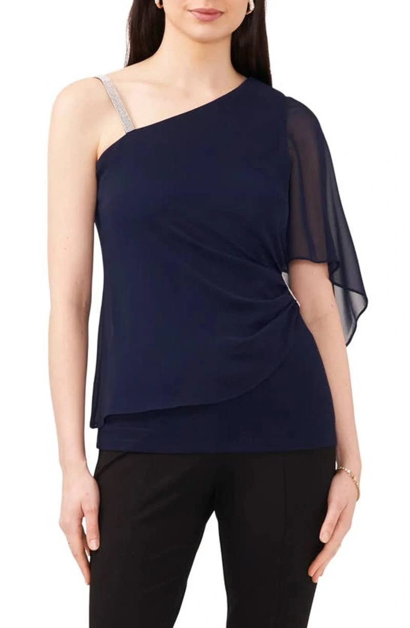 Stylish One-Shoulder Blue Top with Rhinestone Strap | Image