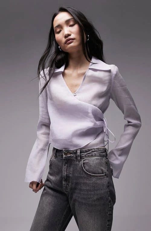 Chic Light Purple Long Sleeve Wrap Top | Image