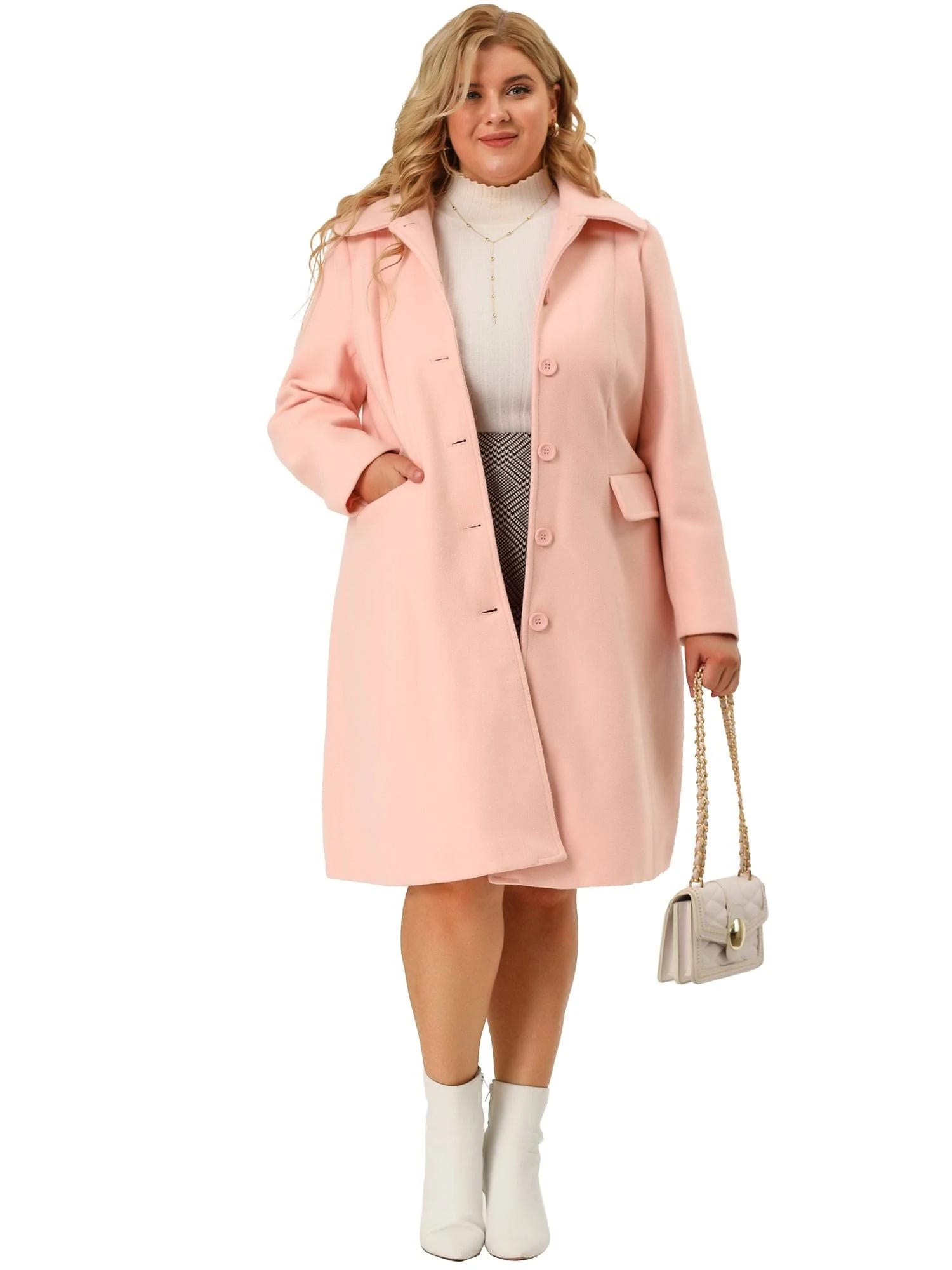 Elegant Pink Agnes Orinda Plus Size Coat with Flap Pocket | Image
