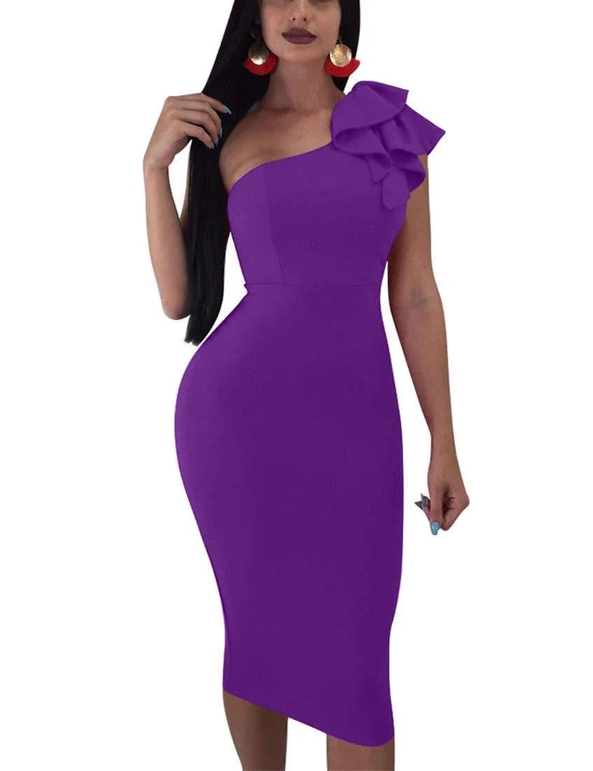 Elegant, One-Shoulder Ruffle Midi Dress in Medium Dark Purple | Image