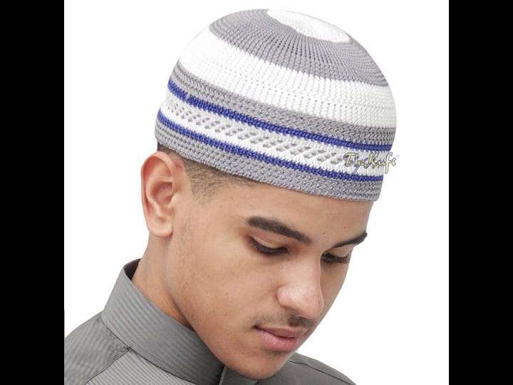 islamic-white-and-gray-with-navy-blue-stripes-nylon-stretchy-textured-kufi-hat-skullcap-topi-skullie-1