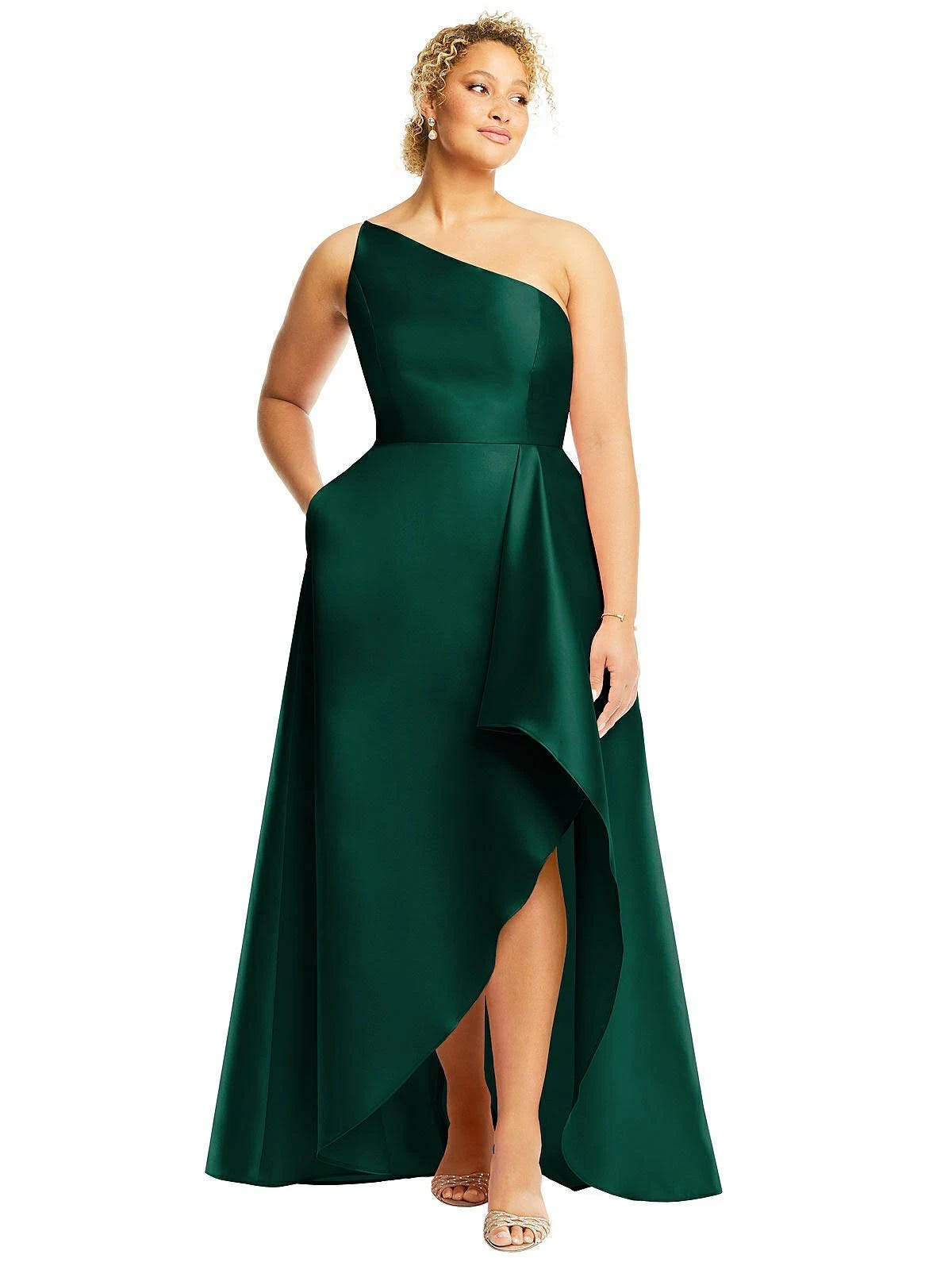 Stylish Hunter Green One-Shoulder Satin Gown | Image