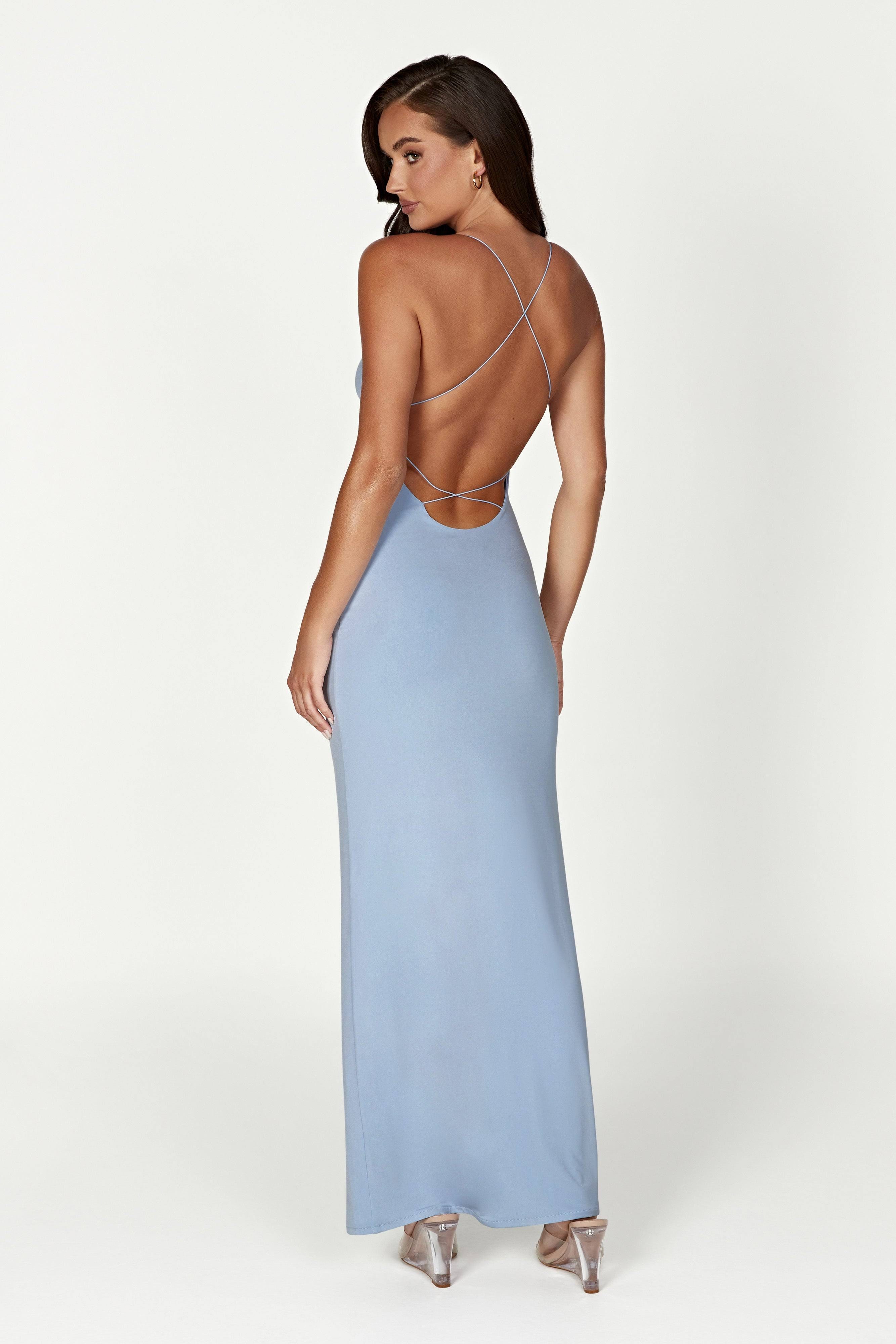 Stylish Powder Blue Maxi Dress with Twisted Bust Front Panel | Image